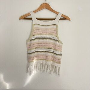 Shyanne crocheted fringe country boho green and pink striped tank top sz Medium